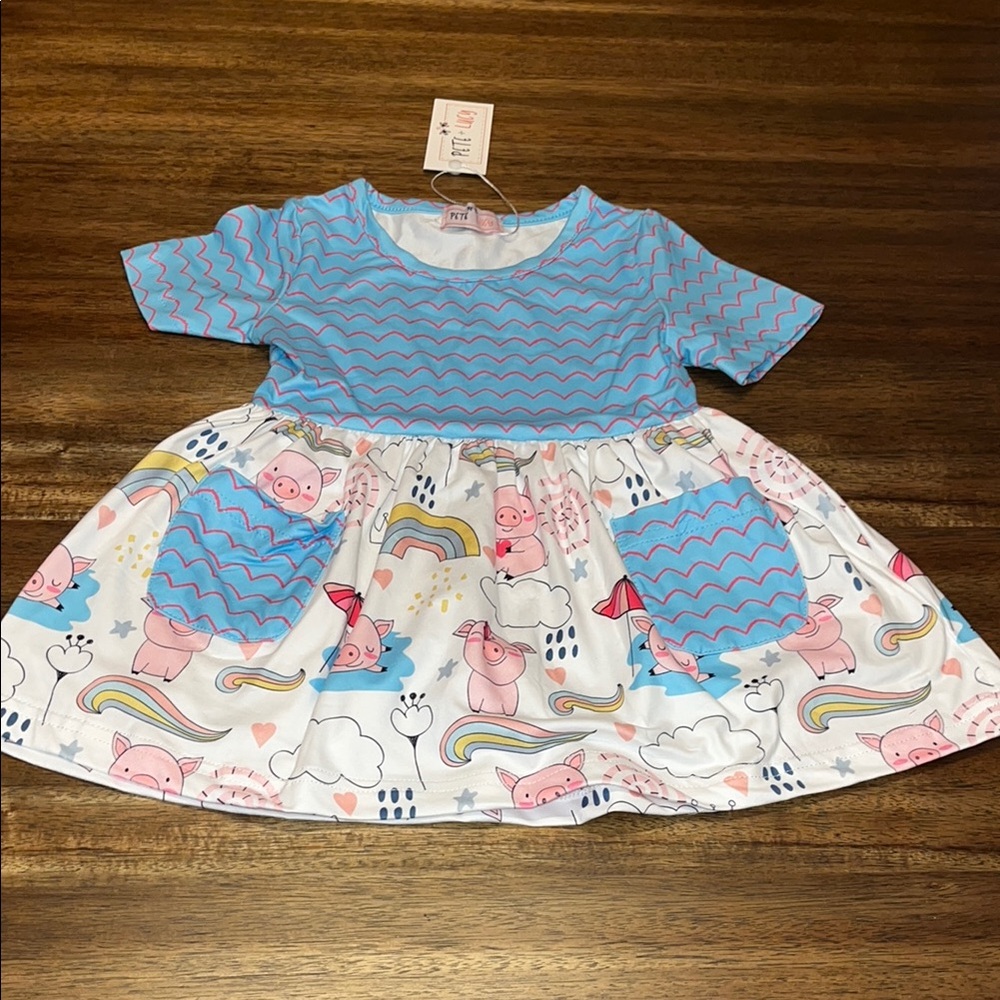 New Pete+Lucy Blue and White Dress with Pig and Rainbow Print 0-6m baby